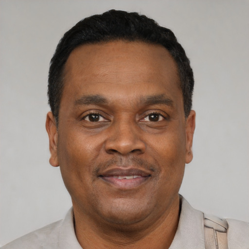 Joyful black adult male with short  black hair and brown eyes