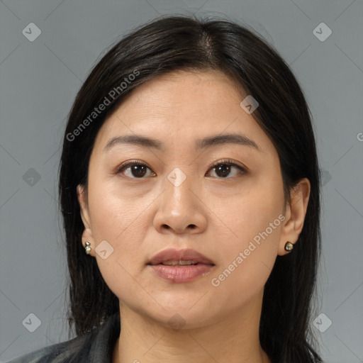 Joyful white young-adult female with medium  brown hair and brown eyes