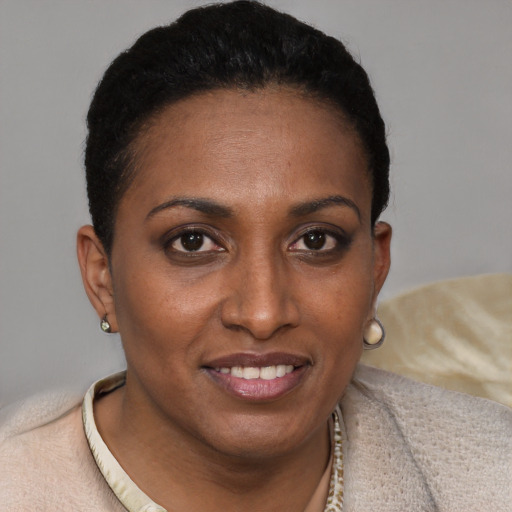 Joyful black young-adult female with short  brown hair and brown eyes