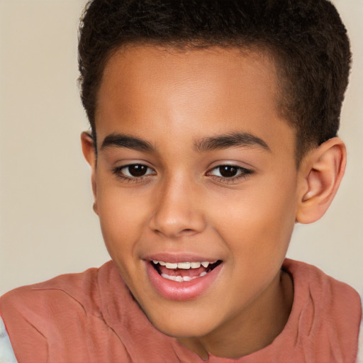 Joyful white child female with short  brown hair and brown eyes