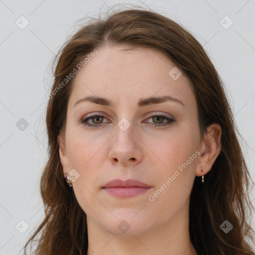 Neutral white young-adult female with long  brown hair and brown eyes