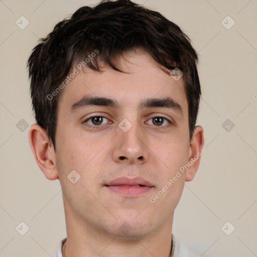 Neutral white young-adult male with short  brown hair and brown eyes