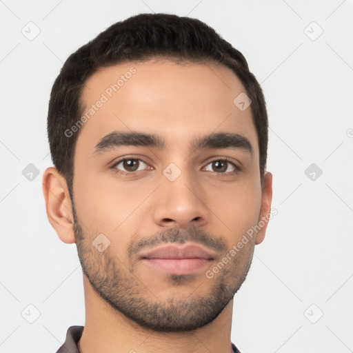 Neutral latino young-adult male with short  black hair and brown eyes