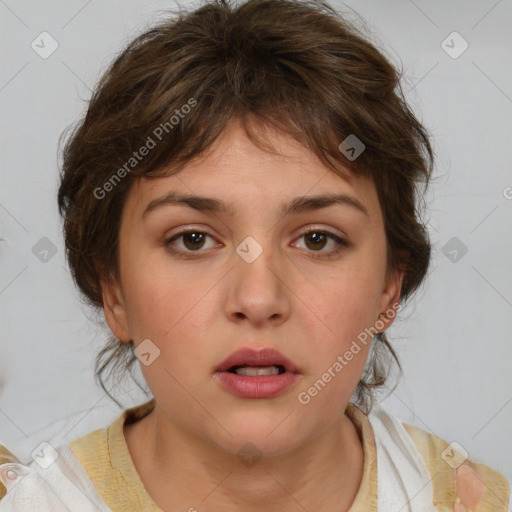 Neutral white young-adult female with medium  brown hair and brown eyes