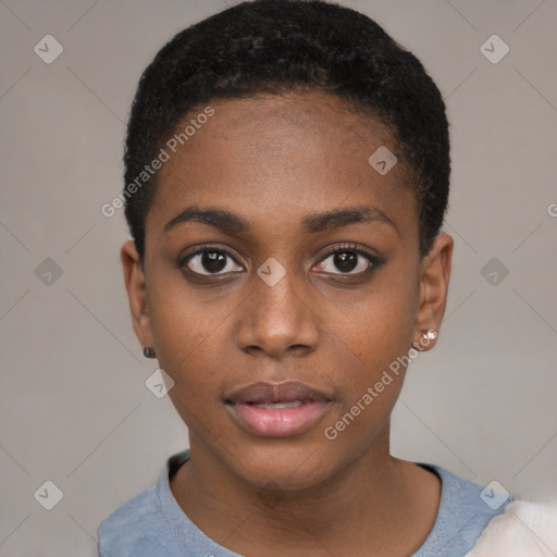 Neutral black young-adult female with short  black hair and brown eyes