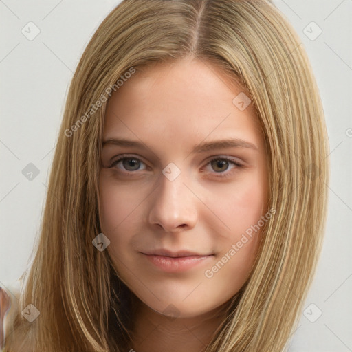 Neutral white young-adult female with long  brown hair and brown eyes