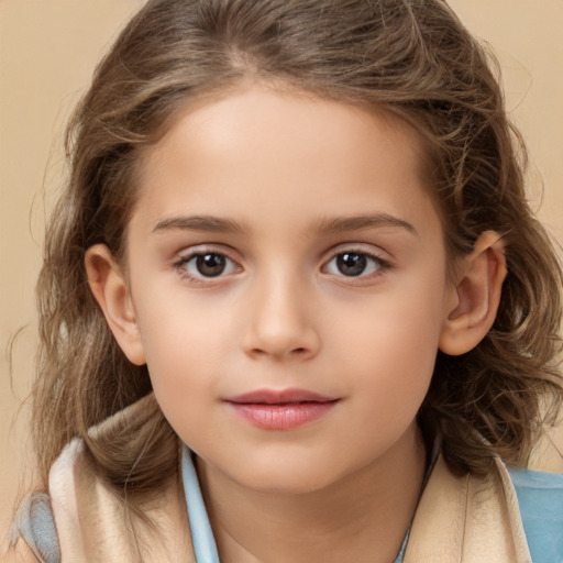 Joyful white child female with medium  brown hair and brown eyes