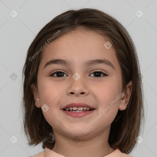 Joyful white child female with medium  brown hair and brown eyes