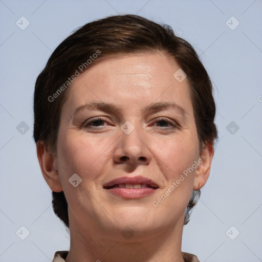 Joyful white adult female with short  brown hair and brown eyes