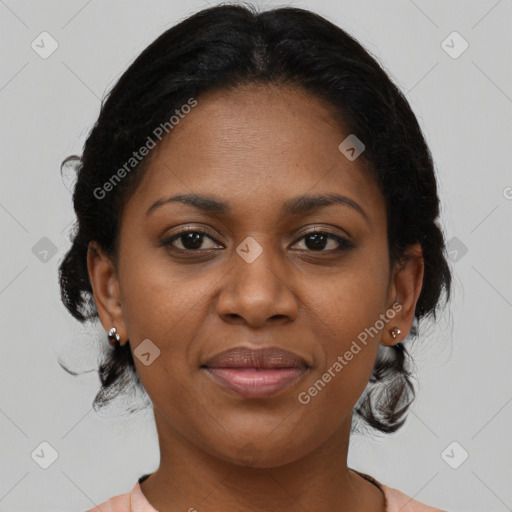 Joyful black young-adult female with medium  brown hair and brown eyes