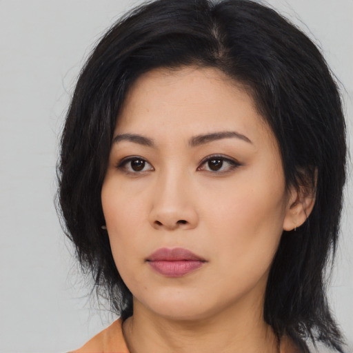 Neutral asian young-adult female with long  black hair and brown eyes