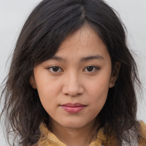 Neutral asian young-adult female with long  brown hair and brown eyes