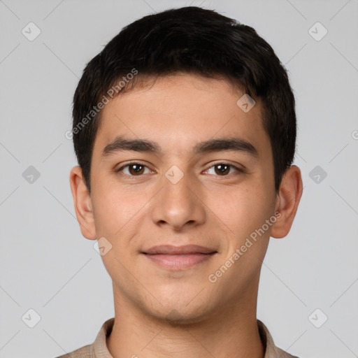 Joyful white young-adult male with short  brown hair and brown eyes