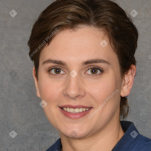 Joyful white young-adult female with medium  brown hair and blue eyes