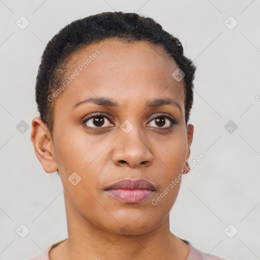 Neutral black young-adult female with short  brown hair and brown eyes