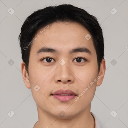 Neutral asian young-adult male with short  black hair and brown eyes