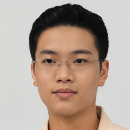 Neutral asian young-adult male with short  black hair and brown eyes