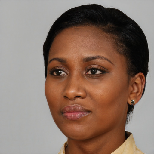 Joyful black young-adult female with medium  black hair and brown eyes