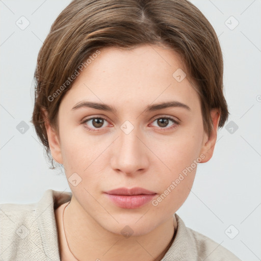 Neutral white young-adult female with short  brown hair and grey eyes