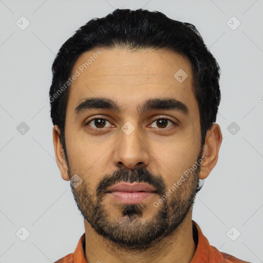 Neutral latino young-adult male with short  black hair and brown eyes