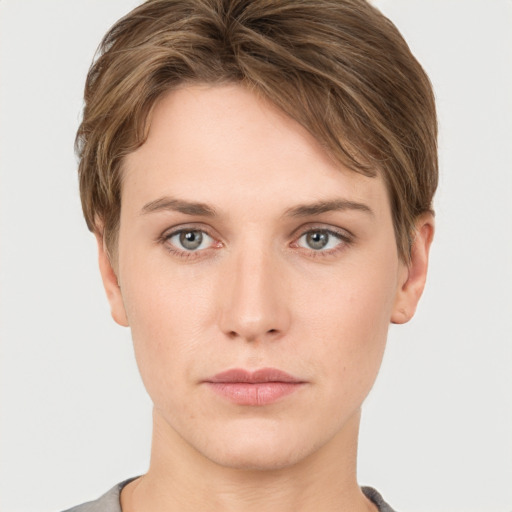 Neutral white young-adult female with short  brown hair and grey eyes