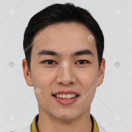 Joyful asian young-adult male with short  black hair and brown eyes