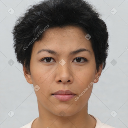 Neutral asian young-adult female with short  brown hair and brown eyes