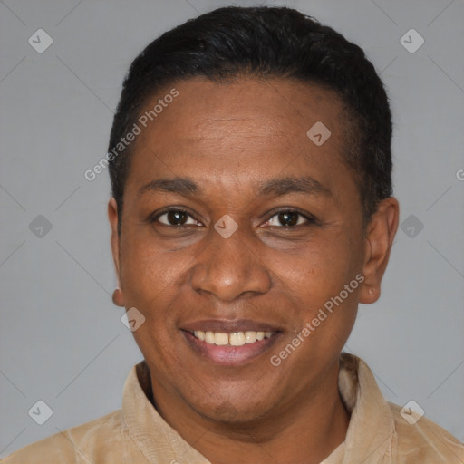 Joyful latino adult male with short  black hair and brown eyes