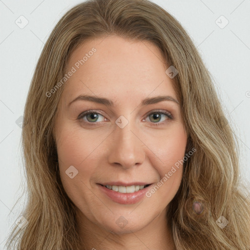 Joyful white young-adult female with long  brown hair and green eyes