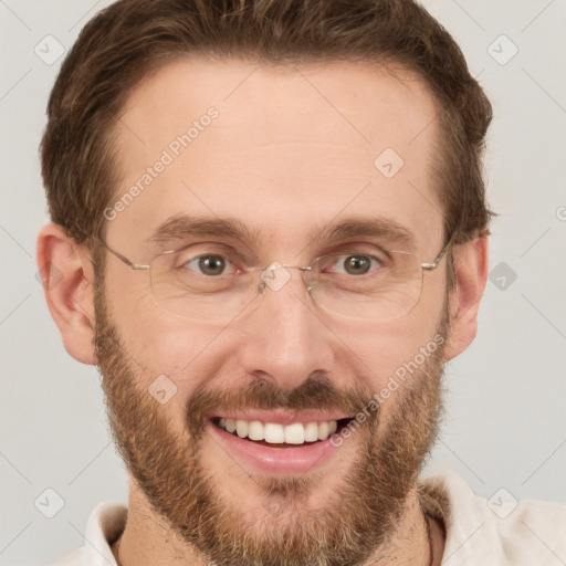 Joyful white adult male with short  brown hair and grey eyes