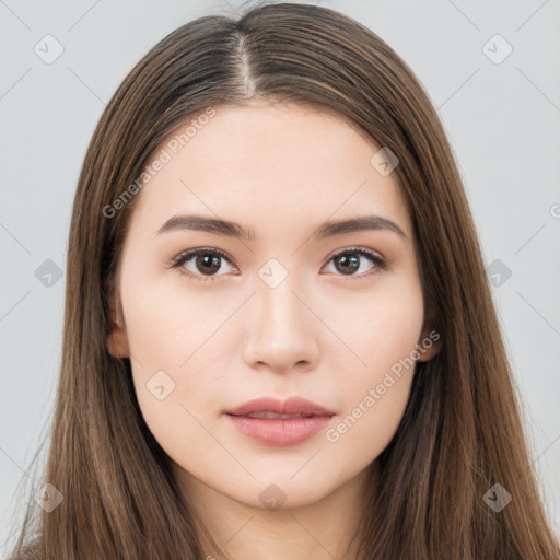 Neutral white young-adult female with long  brown hair and brown eyes