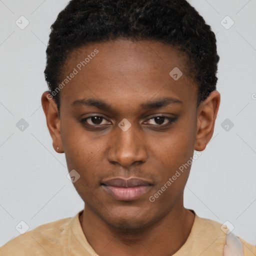 Neutral latino young-adult female with short  black hair and brown eyes