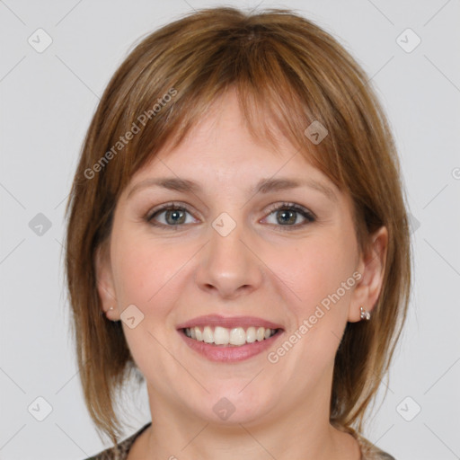 Joyful white young-adult female with medium  brown hair and grey eyes