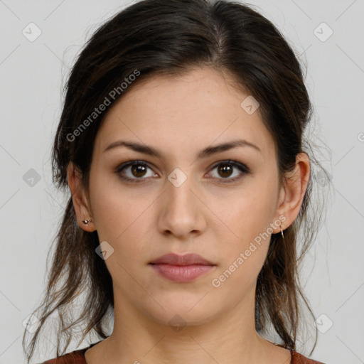 Neutral white young-adult female with medium  brown hair and brown eyes