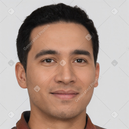 Joyful latino young-adult male with short  black hair and brown eyes