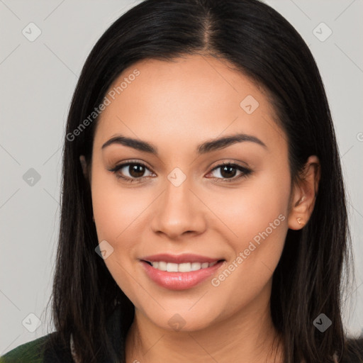 Joyful white young-adult female with long  black hair and brown eyes