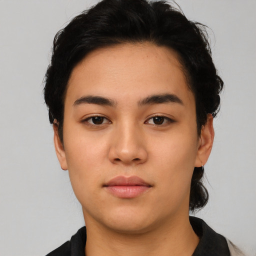 Neutral latino young-adult female with short  black hair and brown eyes
