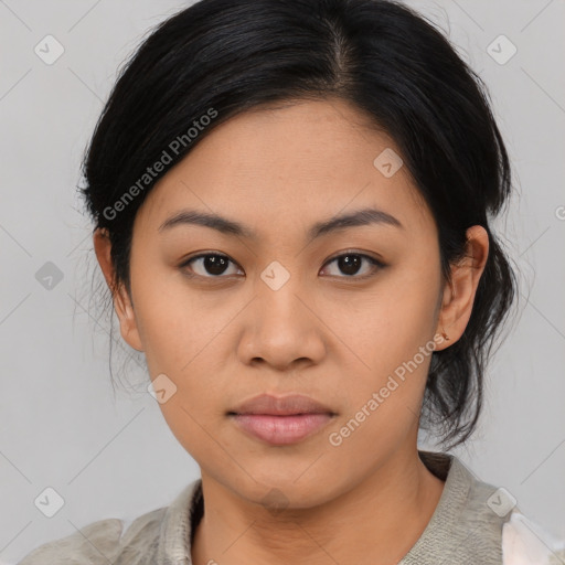 Neutral asian young-adult female with medium  black hair and brown eyes