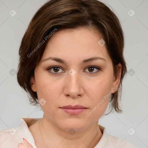 Neutral white young-adult female with medium  brown hair and brown eyes