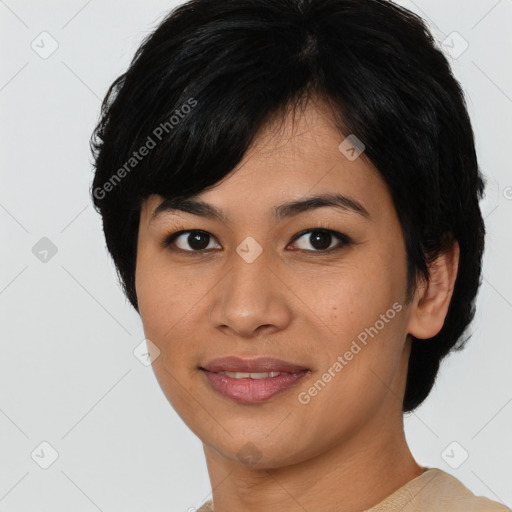 Joyful asian young-adult female with short  black hair and brown eyes