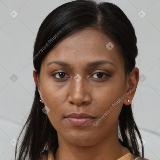 Neutral black young-adult female with medium  brown hair and brown eyes