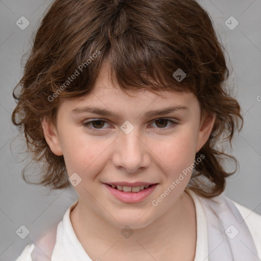 Joyful white child female with medium  brown hair and brown eyes