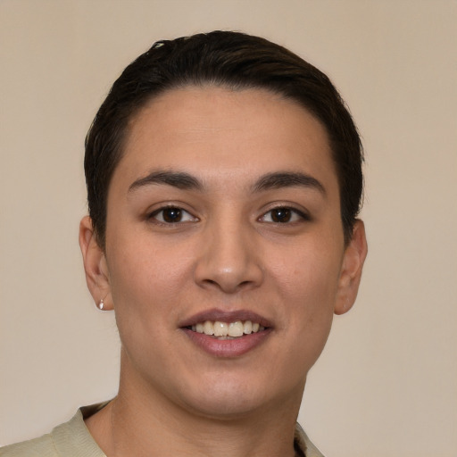 Joyful white young-adult female with short  brown hair and brown eyes