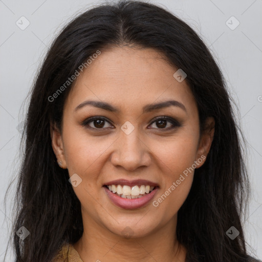 Joyful latino young-adult female with long  brown hair and brown eyes