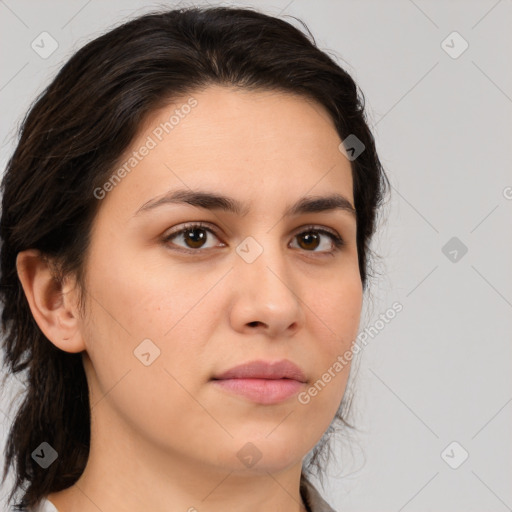 Neutral white young-adult female with medium  brown hair and brown eyes