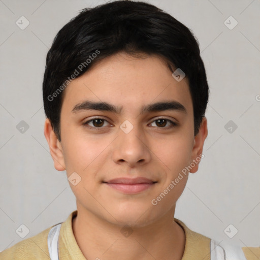 Joyful latino young-adult male with short  brown hair and brown eyes