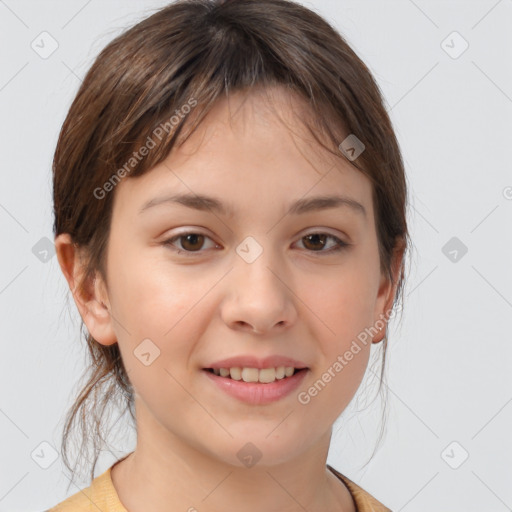 Joyful white child female with medium  brown hair and brown eyes