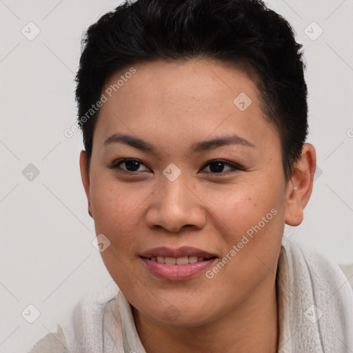 Joyful asian young-adult female with short  brown hair and brown eyes