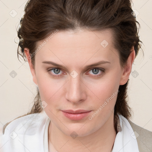 Neutral white young-adult female with medium  brown hair and grey eyes