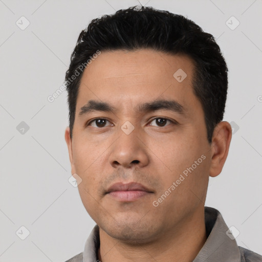 Neutral asian young-adult male with short  black hair and brown eyes